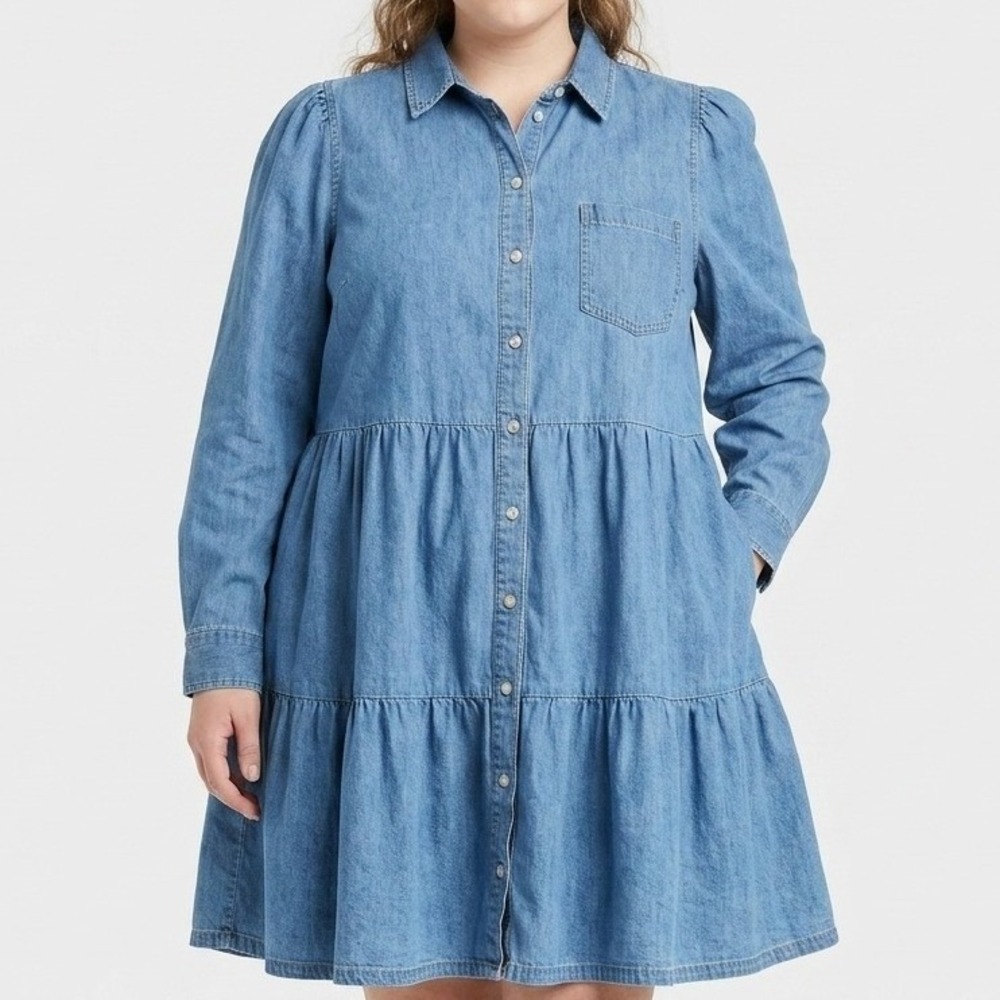 Crown & Ivy Denim Shirt Dress Womens 2X Blue Tiered Babydoll Long Sleeve Cotton